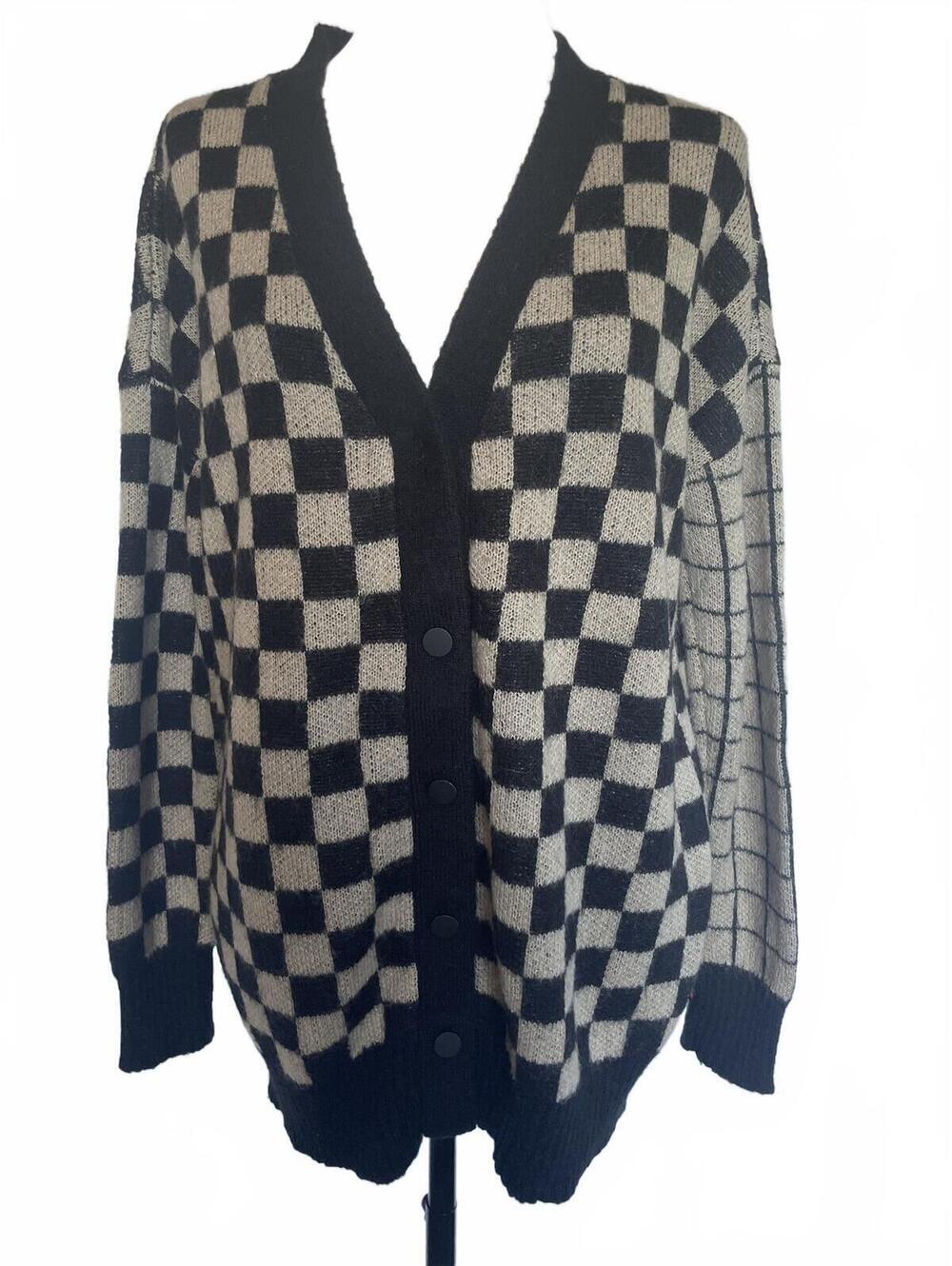 Black Beige Checkerboard Cardigan XS/S 90s Grunge Eclectic Grandpa Indie Sleaze